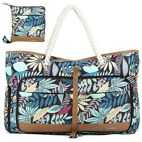 Lekespring Strandtasche Damen Groß mit Reißverschluss, Vielseitiger Damen Shopper Badetasche Saunatasche Reisetasche Tote Bag für Strand Reisen Einkaufen Sport u.Arbeit (Blauer Dschungel)