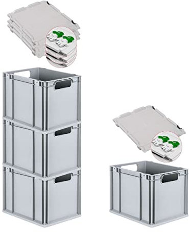 PROREGAL SuperSparSet 4x Eurobox NextGen Economy mit Scharnierdeckel & grünen Verschlüssen | Griffe offen | HxBxT 32x30x40cm | 30 Liter | Eurobehälter Transportbox Transportbehälter Stapelbehälter