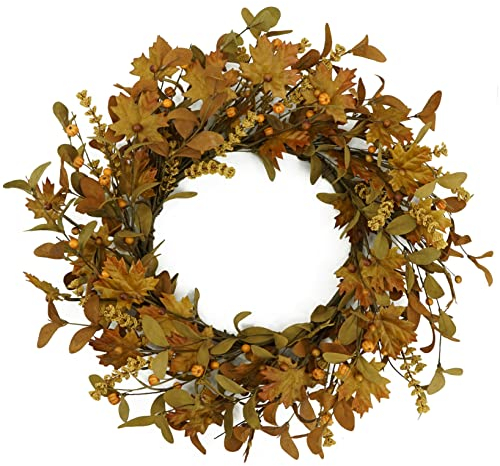 Künstliche Herbstkränze für Haustür, Herbsttürkranz mit Eukalyptusblättern, Ahornblättern, kleinen Kürbis, Beeren für Haustür, Innen- und Außenbereich, Bauernhaus, Zuhause, Wand, Fenster, Festival,