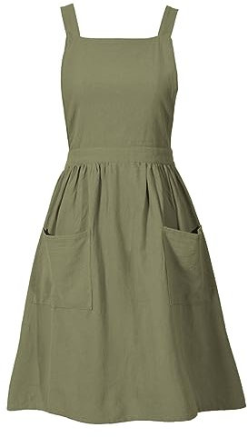 Pinknoke Cotton Linen Pinafore Apron Dress for Women with Pockets Cute Art Chef Aprons for Kitchen Baking Gardening Painting, Olive Green, Medium