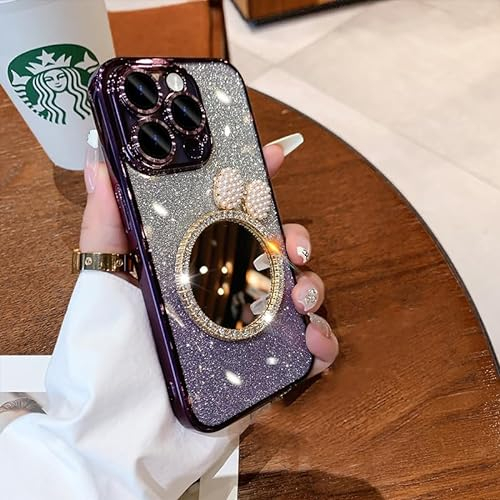 fdsmall Mirror Case kompatibel mit iPhone 15 Pro Max, Bow Case, Luxus Strass Shiny Bling Case, TPU Kamera Full Protective Phone Cover Shockproof Soft Case Cover für iPhone 15 Pro Max(Purple)