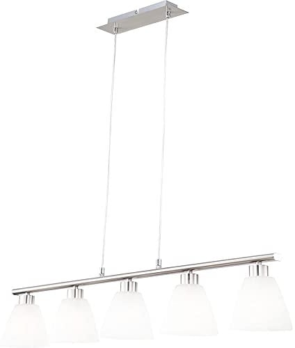 GLOBO Esstischlampe Hängelampe Esstisch Hängeleuchte silber höhenverstellbar, 5 flammig, Metall nickel Glas weiß, 5x E14 Fassungen, HxLxB 120x93x13cm