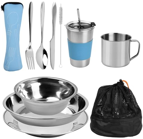 Kit de 10 Juego de Cubiertos para Acampar,Acero Inoxidable Juego de Cubiertos de Viaje Portátil para 1-2 Personas,Juego de Vajilla de Camping con Plato Taza Cuchara Tenedor Cuchillo Bolsas