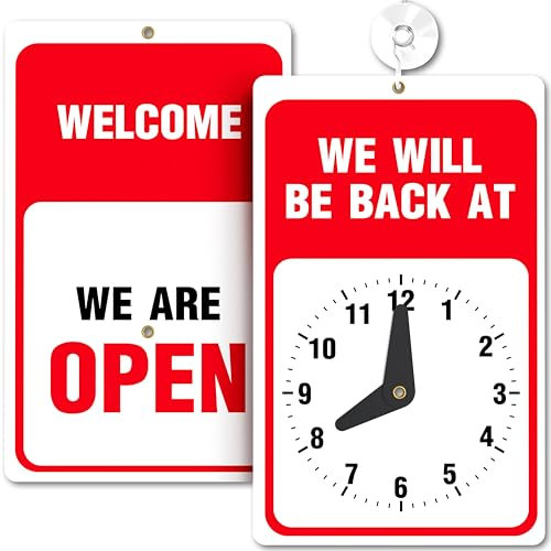 Panneau « Will Return » avec horloge – 23,3 x 14,5 cm – Couleurs vives rouge et blanc – Comprend une ventouse – Idéal pour le déjeuner, les panneaux « Be Right Back » ou « Open Closed »