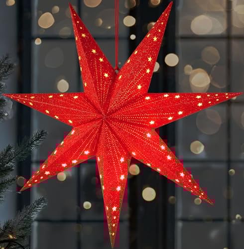 Brubaker Stella di Natale LED - Stella di Carta da 60 cm con 7 Punte - Stella dell'Avvento 3D - Funzionante a Batteria, da Appendere e Illuminata - Stella Luminosa per Decorazioni - Rossa