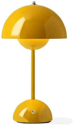 Lámpara de mesa LED Milan con forma de seta, inalámbrica, recargable de 5000 mAh, color amarillo, intensidad regulable y 3 temperaturas de color. IP44. Cable USB y enchufe UE incluidos.