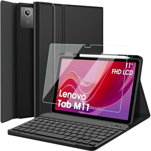 Nanhent Keyboard Case with Screen Protector for Lenovo Tab M11 TB330FU/TB330XU 11 Inch 2024, 9H Tempered Glass, Magnetically Detachable Wireless Bluetooth Keyboard with Slim Stand Cover