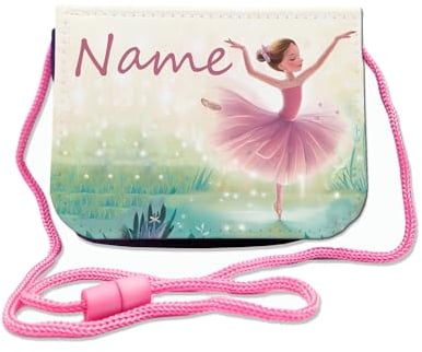 Kinder Brustbeutel mit Name und Schriftartwahl | Klettverschluss mit Schnur zum Umhängen und Klarsichtfach | Geldbeutel personalisiert | 3 Farben (Ballerina)