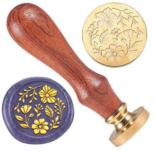 DELORIGIN Blumenwachs Siegelstempel Geprägter Stempel Versiegelung Vintage Elegant Abnehmbar 25mm Messingsiegel Holzgriff Hochzeitseinladungen Umschläge Geschenkverpackung Dekoration Basteln Kleben