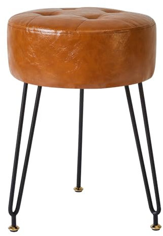 IBUYKE Faux Cuir Rond Pouf Tabouret Table de Maquillage Table d'appoint, PU siège de Table de Maquillage, Sac canapé Tabouret, Pieds en Acier doré, Brun Clair L/G-31J