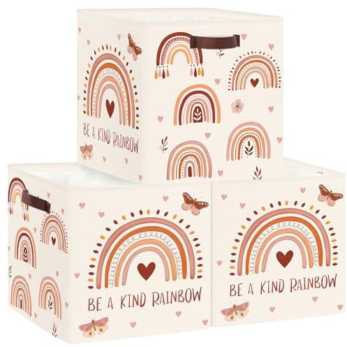 Clastyle 3 Pcs Boho Kid Storage Cube Organizer Set Rainbow Closet Clothes Cube Storage Bin Beige Nursery Toddler Toy Box Chest Butterfly Book Shelf Basket