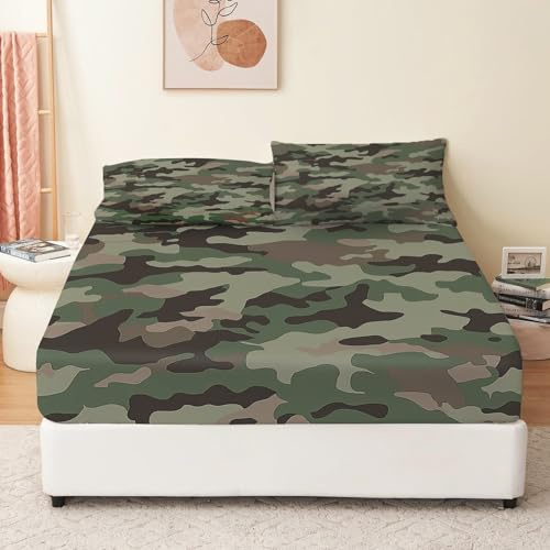 Camouflage-Muster Spannbetttuch 180 x 200 cm Set für Kinder Jungen Mädchen Teens Spannbettlaken Spannbetttuch Microfaser Grün für bis 30 cm Matraze