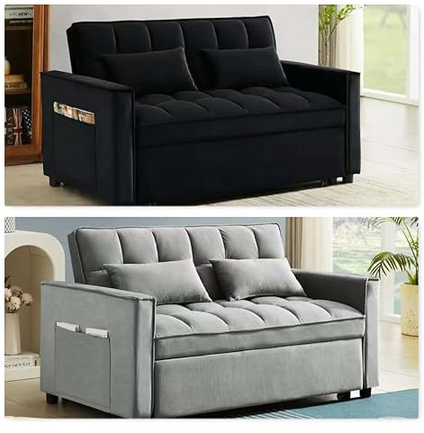SQUAREBOXX 2 Seater Pull Out Sofa Bed in Velvet Fabric, Adjustable Click Clack Mechanism, For Living Rooms, Guest Rooms, Home Office. (Grey)
