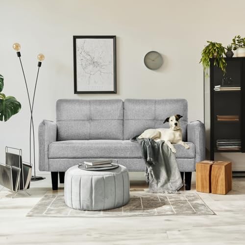 Hello-5ive 2 Seater Sofa, Modern Linen Sofa Couch with Thicken Cushions, Comfy Sofa for Living Room Bedroom Office Apartment, Loveseat Sofa 2 Seater Settee with 2 Pockets, Light Grey