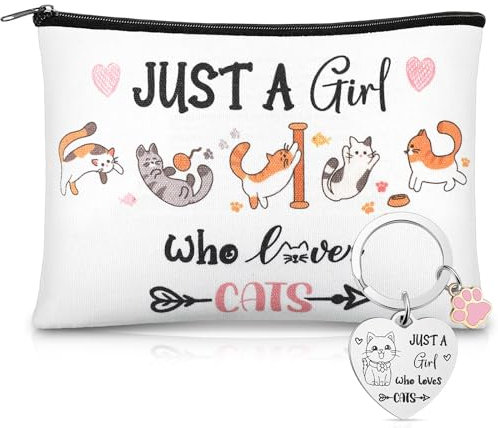 Jadive Trousses de Maquillage de Chat pour Femme Fille Porte-Clés de Chat Drôle Just a Girl Who Loves Cats Sac de Cosmétiques Porte-Clés de Chat Cadeaux pour Amoureux des Chats pour Noël Anniversaire