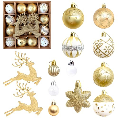 GmeDhc Christbaum Kugeln, Weihnachtskugeln Set mit 40 Weihnachtsbaumkugeln, 3/6/12 cm Christbaumkugeln Gold, Weihnachtskugeln Kunststoff für Drinnen und Draußen