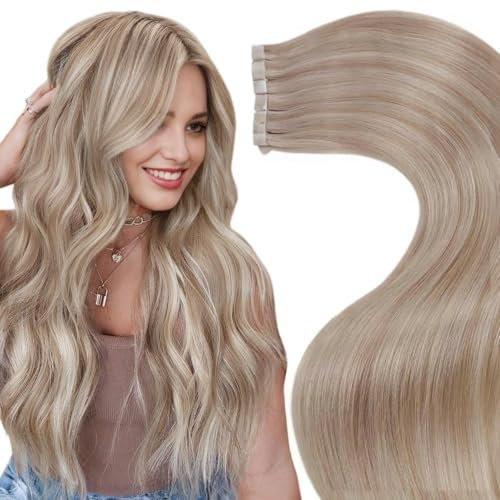 LaaVoo Tape in Extensions Echthaar 45cm Blond Extensions Tape Echthaar Ashblond Hellblond Remy Haarverlängerung Echthaar Tape Extensions Echthaar Glatt #P18/613 20pcs 50g