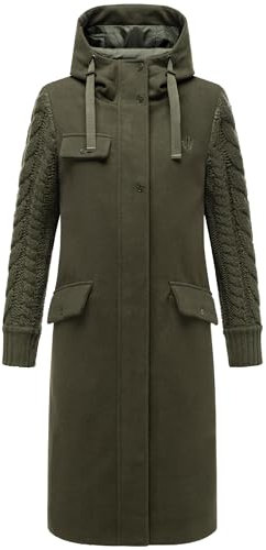 Navahoo Damen warmer Trenchcoat in Woll-Optik mit Strick-Ärmeln und Kapuze Knit Babe 14 Dark Olive Gr. M