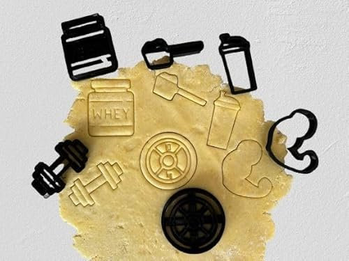 Fitness Ausstecher 6-teilig Bizeps, Whey-Dose, Trinkflasche, Eiweisslöffel, Hantel, Gewichtsscheibe