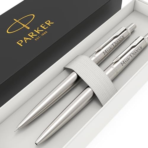 Personalised Engraved Parker Jotter Ballpoint Pen & Pencil Stainless Steel in Elegant Gift Box, Perfect for Personalised Gifts Birthdays, Anniversaries, Weddings, Husband, Wife