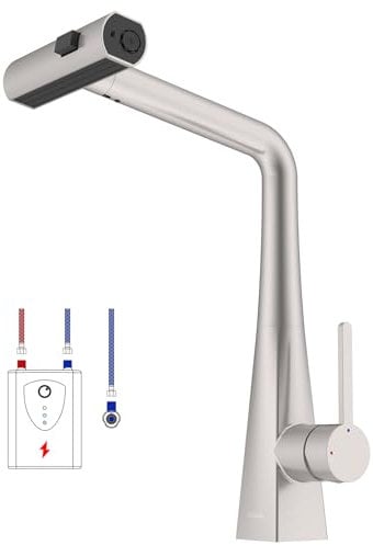 kelleria Robinet de cuisine basse pression extensible, avec douchette à 3 jets, rotatif à 360°, basse pression avec 3 raccords, pour chaudière, robinet d'évier en acier inoxydable