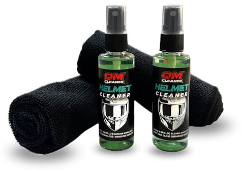 QM Cleaner Kit Limpiador de Cascos Moto | Helmet Cleaner Duo Elimina Insectos y Suciedad, Ideal para Rutas - Formato Viaje, Incluye 2 Botes de 60ml y 2 Paños