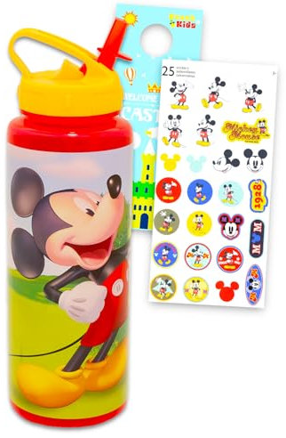 Disney Ensemble de bouteilles d'eau réutilisables Mickey Mouse – Ensemble avec bouteille d'eau en plastique avec couvercle torsadé avec paille pour la maison, l'école, le sport, plus autocollant, plus