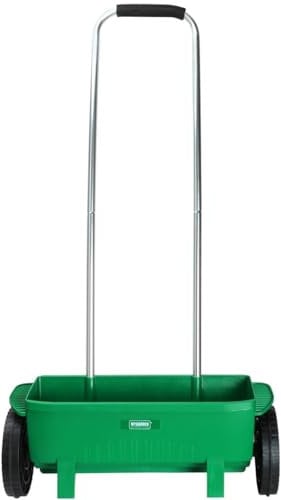 12 Litre Rotary Seed Grit Salt Lawn Spreader, With Protective Roof & 110CM Long Handle, Grass Spreader on Wheels, Adjustable Speed Rate On/Off, Garden Outdoor Pathways