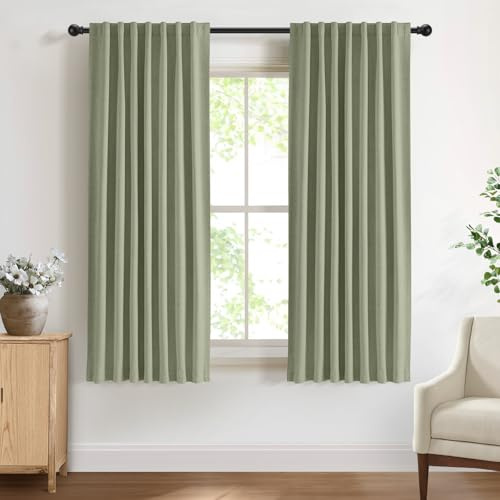 DEFYNEE 100% Blackout Curtains for Bedroom, 50x72 Inch Drop, Back Tab/Rod Pocket, Thermal Insulated Curtains with Coating Back Layers, for Room Darkening Privacy Protection, 2 Panels, Light Sage