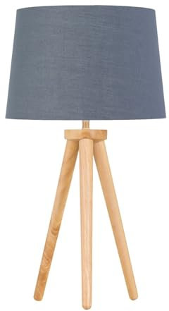 Modern Light Oak Table Lamp or Bedside Light, Wood Tripod Design, Grey and Gold Inner Shade