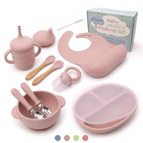 Silicone Baby Weaning & Feeding Set - BPA Free, 11 Pcs Set Includes Adjustable Bib, Suction Bowl, Suction Plate with Lid, 3 in 1 Cup, Fresh Fruit Feeder, Spoons and Forks