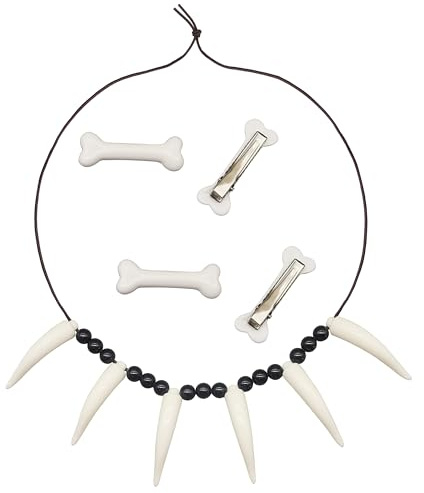 Halloween Knochen Halskette, Knochen Haarspangen, Steinzeit Kostüm Schmuckset, Gothic Haar Accessoires, Kette, Haarschmuck für Halloween Mottoparty Karneval Cosplay Dschungel Kostüm Frauen Mädchen