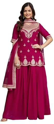 TRENDMALLS Women's Georgette Kurta Palazzo Dupatta Set-G314-Pink