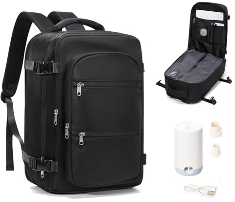 VENATIN Mochila al Vacío con Bomba Mochilas Viaje Cabina Avion 40x30x20 Ryanair Vueling Wizzair Equipaje de Mano Mochila Compresion al Vacio Airbag Mochila Portatil 14 Pulgadas Negro