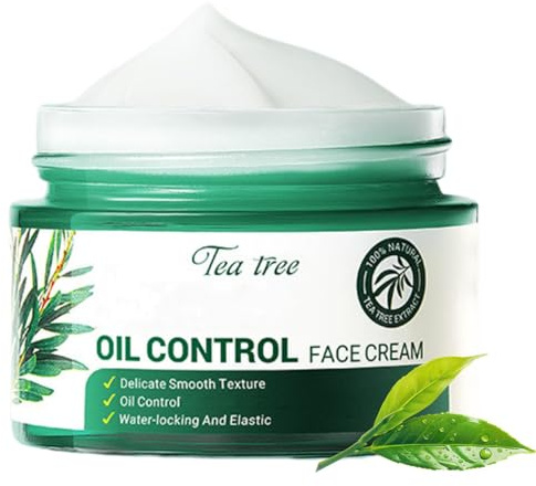 Teebaum Creme, Teebaumöl Creme, Gesichtscreme für Damen & Herren, Feuchtigkeitscreme Gesicht zur Öl Kontrolle, Poren Verkleinern & Haut Glätten, 50g