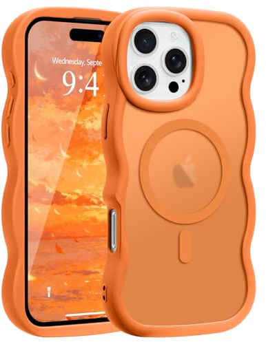 Pepmune Magnetic for iPhone 16 Pro Max Case Translucent Matte Orange | Compatible with Magsafe,Cute Curly Wave Frame Phone Case,Soft TPU Bumper Slim Fit Shockproof Protective Cover for Men-Orange