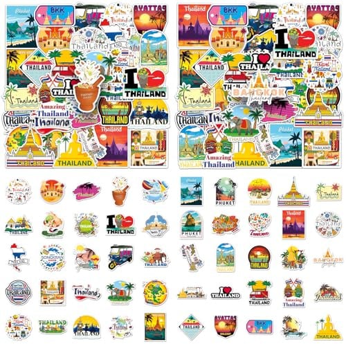 100 Stück Thailand Aufkleber, Aquarell, wasserdichte Bangkok-Ferien Aufkleber, Thailand Urlaub Reise Aufkleber, Koffer Sticker für Laptop Fahrrad Motorrad Skateboard Helm Auto