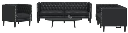 sephironlbb 3-TLG. Chesterfield-Sofa-Set Schwarz Kunstleder mit 1 Sessel 2-Sitzer 3-Sitzer 174-194 cm Polstergarnitur für Wohnzimmer Lounge mit bequemer Sitzfläche und stabilen Stützbeinen