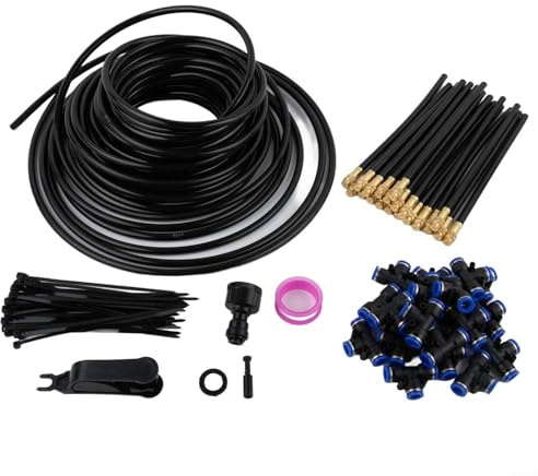Quiclume Garden Misting Sprinkler System, Adjustable 360° Irrigation Kit with Connectors & Cable Ties for Lawn Cooling and Plant Watering, Quick Install (26/46/66/86 Pieces)(20m)