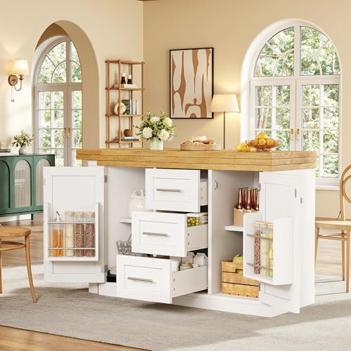 Multifunktionale Kücheninsel mit ausziehbarer Esstischplatte,wandelbare Theke, 360° verstellbare Platten, Snackregal, Magnetverschluss & große Schublademodernes Design-Weiß