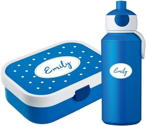 4youDesign Set: blaue Brotdose & Trinkflasche -PUNKTE- mit Namen für Kinder – 6 Farben, 3 Motive, inkl. Dosen-Einsatz, Gabel & Pop-Up Flasche (Punkte Blau)