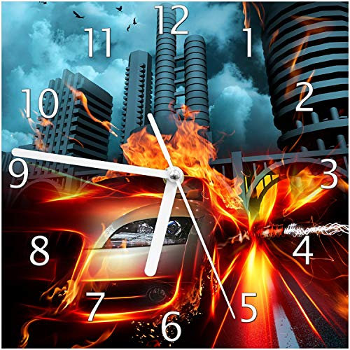 Wallario Design-Wanduhr Brennendes fahrendes Auto aus Glas, Motiv-Uhr Größe 20 x 20 cm, weiße Zeiger