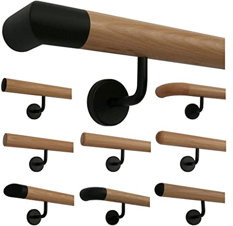TIBU Buche Holz Handlauf Geländer 30-500cm im Set schwarze Halter Wandhandlauf Wand Treppe, Länge 300 cm mit 4 Halter Enden schwarze Ecken