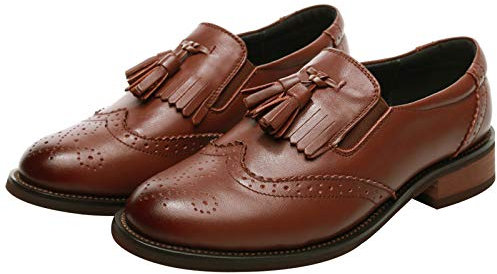 ANUFER Mujer Piel Genuina Borla Mocasines Elegante Brogues Slip-On Zapatos de Salón SN02770 Marrón EU36