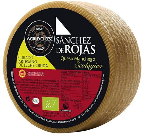 Sánchez De Rojas - Queso Manchego Curado Ecológico y Artesano de 1,8kg - Elaborado con Leche Cruda de Oveja, Maduración 6 Meses, Queso Gourmet, Sabor Suave, Pieza Cortada en Cuartos Envasada Al Vacío