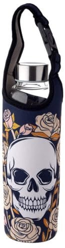 Puckator Skulls & Roses Glass Water Bottle with Protective Sleeve - Reusable Insulated Active Water Bottle Flask For Girls And Boys With A Carry Handle & Straw - Bpa Free - For School Nursery