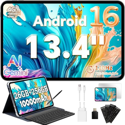 TECLAST T65 Tablet 13.4 Pollici 120Hz Display Tablet Android 16, Doppio SIM 4G LTE+5G WiFi, 2.2GHz Octa-Core, 26GB RAM+256GB ROM(TF 4TB) Widevine L1 1080P/13MP/BT5/GPS/OTG, con Tastiera+Custodia+Penna
