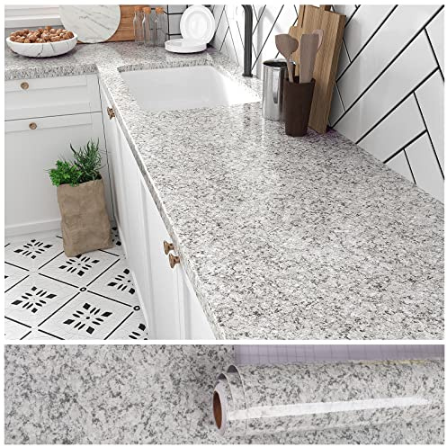 VEELIKE Klebefolie Terrazzo Grau Tapete Granit Hellgrau Hochglanz Klebefolie Arbeitsplatte Küche Abwaschbar Tapete Badezimmer Selbstklebende Folie Küchenrückwand Arbeitsplatte Badezimmer 40cm x 300cm