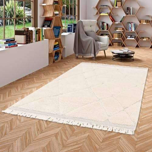 Pergamon In- und Outdoor Teppich mit Fransen Wohnzimmer Terrasse Shaggy Flachgewebe Sylt Wollweiss Rauten in 5 Größen