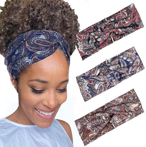 Fashband Boho Elastische Stirnbänder Criss Cross Head Schals Rote Blume Haarbänder Vintage Yoga Haarschmuck für Frauen und Mädchen (3 Stück)